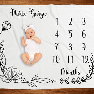 PERSONALIZED GIRL BABY Milestone Blanket Girl Simple Floral Monthly Month Custom Age Growth New Mom Baby Shower Gift Neutral Minky