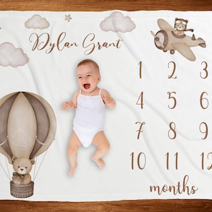 Manta de hito de oso de peluche personalizada Género Neutral Manta de edad del bebé Beige Vintage Rastreador de crecimiento mensual Boho Nuevo regalo de baby shower
