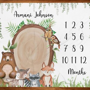 Woodland Meilenstein Decke, monatlicher Wachstums-Tracker, personalisierte Babydecke, benutzerdefinierte Decke, Babypartygeschenk, neues Babygeschenk, kleiner Junge