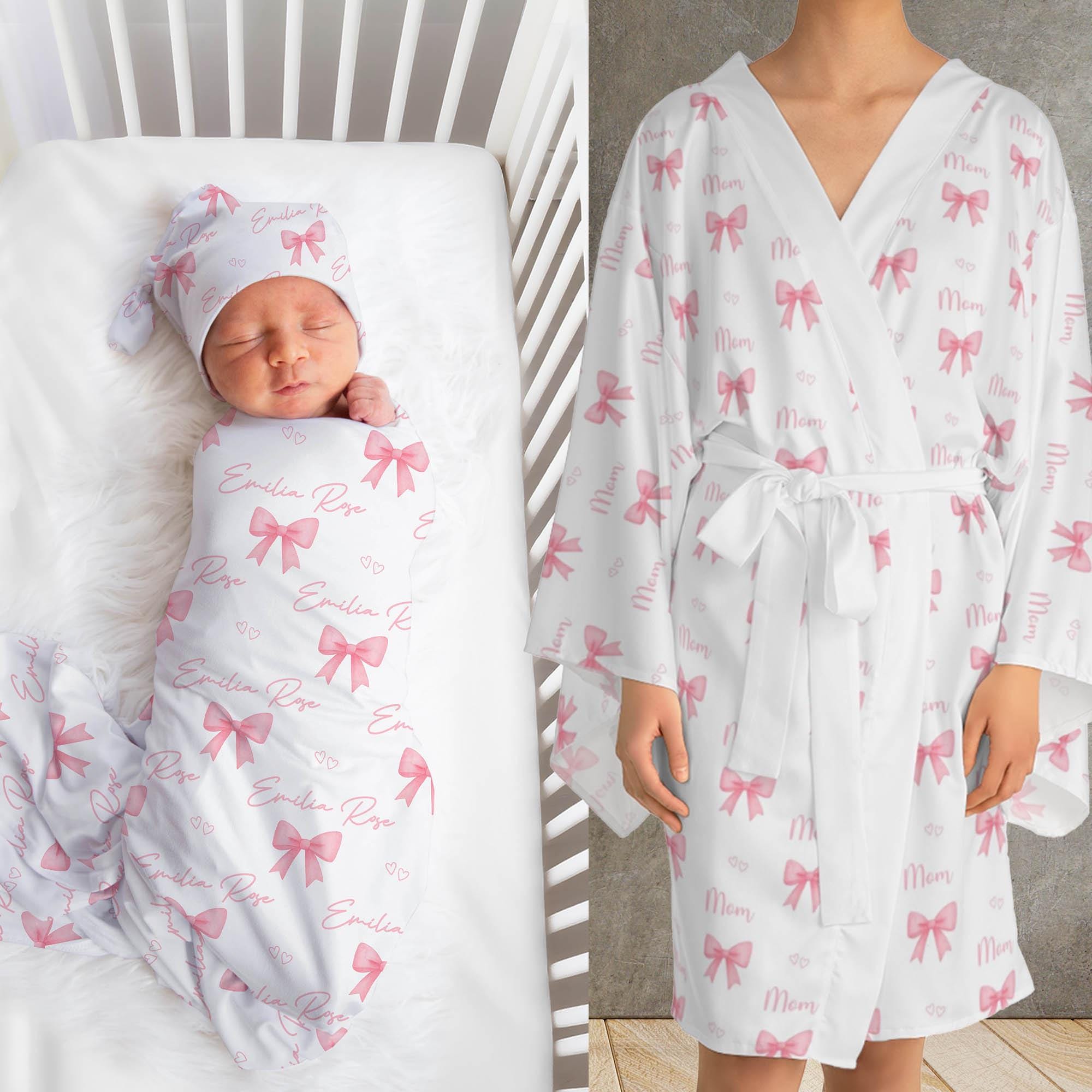 Personalized Matching Mommy Robe and Newborn Hospital Swaddle Set Pink ...
