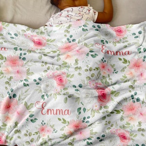 Personalized Baby Blanket, Custom baby blanket, Baby Girl Blanket, Pink Flower Throw Blanket, Baby Gift, Minky Blanket