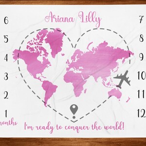 Baby Namensdecke, Weltkarte Baby Monat Decke, Reise Meilenstein Monat Decke, Abenteuer Baby Name monatliche Decke, Baby Alter Decke WM56