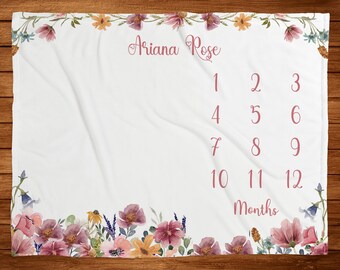 Baby Milestone Blanket Girl Wild Flower Monthly Blanket Baby Shower Gift New Mom Baby Keepsake Gift Baby Growth Chart Custom Baby Gift