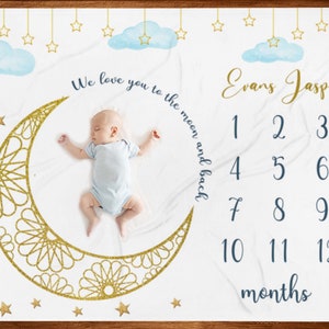 Personalized Baby Shower Gift, Milestone Blanket, Moon Stars Baby Milestone Blanket with Marker, Luna Milestone Blanket, New Baby Blanket