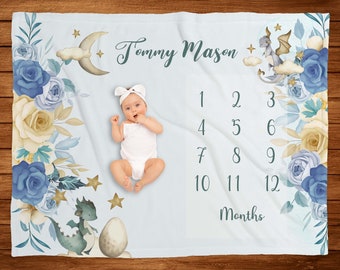 Blue Floral Baby Month Blanket, Dragon Milestone Blanket, Monthly Baby Photos Blanket, Baby Shower Gift, Baby Boy Milestone