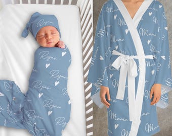Mom and New Baby Matching Outfit New Mom Robe Swaddle Set Baby Shower Gift Baby Swaddle Newborn Beanie Hat Headband Hospital Photo Set