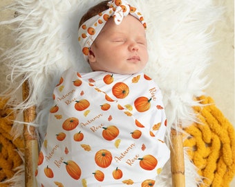 Autumn Themed Pumpkin Baby Name Blanket Swaddle Baby Girl Boy Coming Home Outfit Fall Baby Shower Gift Hospital Photo Prop Gender Neutral