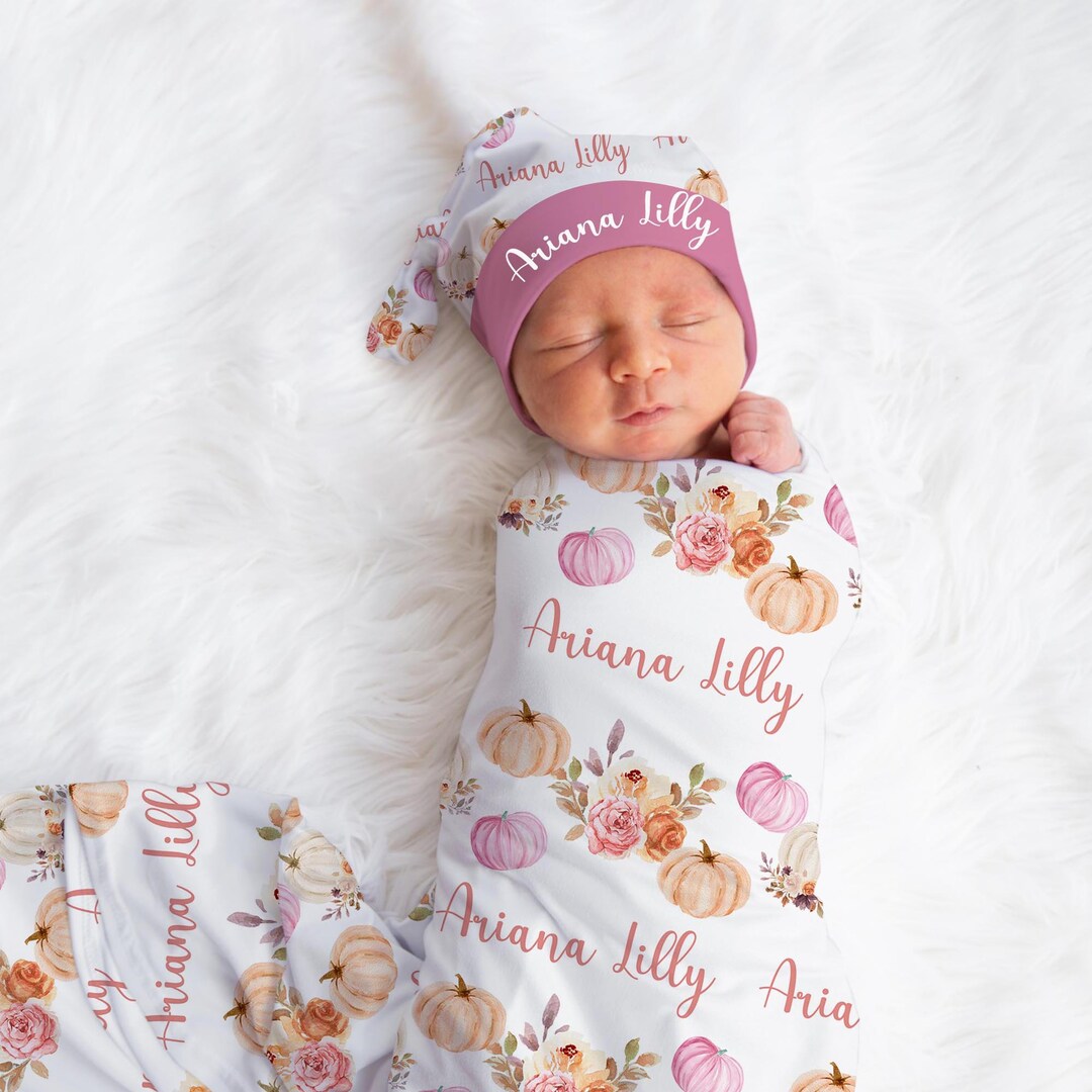 Pink Pumpkin Swaddle Baby Name Blanket, Personalized Baby Girl Coming