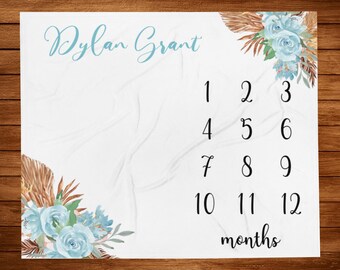 Blue Boho Milestone Blanket Boy, Personalized Pampas Leaves Blanket , Custom Baby Shower Gift , Boho Nursery Newborn Gift PP4