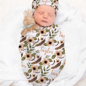 Personalized Swaddle Blanket and Headband Vintage Gender Neutral Newborn Baby Girl Coming Home Outfit Flower Baby Shower Hospital Gift