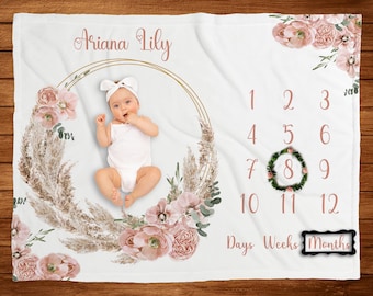 Baby girl milestone blanket, Boho Month Blanket, Personalized Baby Blanket Pampas Leaves, Custom Baby Shower Gift , Boho Nursery PP4