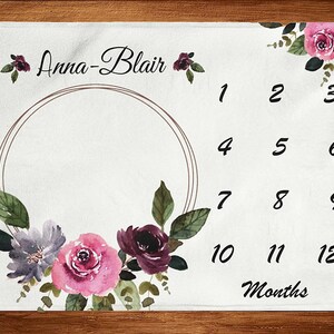 Purple Floral Baby Milestone Blanket Girl, Personalized Girl Blanket, Track Baby Growth, Monthly Growth Blanket, Baby Girl Blanket
