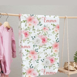 Personalized Baby Girl Name Blanket, Soft Pink Floral Rose , Custom Baby Shower Gift, Mink Blanket Hat Set, New Mom Gift