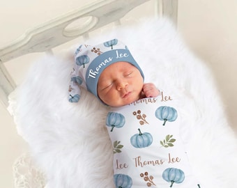 Pumpkin Swaddle Blanket Baby Boy Coming Home Outfit Fall Baby Name Blanket Baby Shower Present It’s A Boy Baby Gift Set Baby Shower Gift
