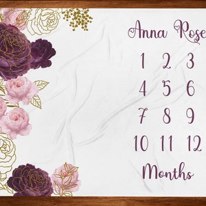 Purple Gold Milestone Blanket Girl Baby Name Blanket Purple Floral Personalized Blanket Track Baby Growth Monthly Growth Blanket