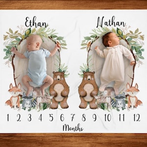 Woodland Meilenstein Decke für Zwillinge, personalisierte Decke, Junge Zwillinge, monatlicher Wachstumstracker, personalisierte Babydecke, Babypartygeschenk
