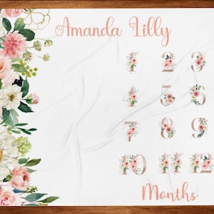 Floral Photo Blanket Milestone Blanket Girl Baby Name Blanket Baby Month Blanket Personalized Baby Shower Gift PF2