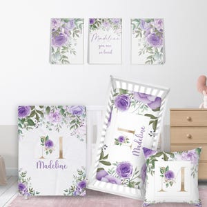 Purple Floral Crib Bedding Set Girl Lilac Roses Blanket Pillow Wall Art Changing Pad Crib Sheet Set Personalized New Baby Gift