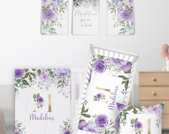 Purple Floral Crib Bedding Set Girl Lilac Roses Blanket Pillow Wall Art Changing Pad Crib Sheet Set Personalized New Baby Gift