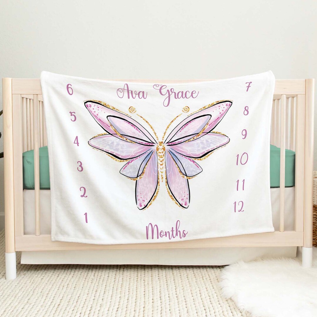 Purple Butterfly Baby Blanket, Personalized Milestone Blanket, Monthly
