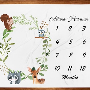 Personalized Woodland Baby Blanket, Baby Shower Gift, Baby Milestone blanket, Custom Baby monthly milestone blanket,