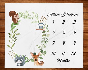Personalized Woodland Baby Blanket, Baby Shower Gift, Baby Milestone blanket, Custom Baby monthly milestone blanket,