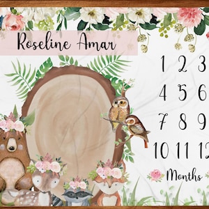 Girl Woodland Milestone Blanket Baby Fox Blanket Baby Shower Gift  Newborn Blanket Watch Me Grow Blanket 12 Month Growth Tracker Baby Gift