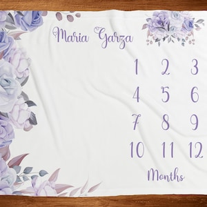Lila mijlpaaldeken met markeringen Paarse bloemen babyleeftijd maanddeken met groeimeter Idee nieuwe moeder cadeau babyshower