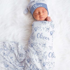 Floral Bear Swaddle Blanket Personalized Chinoiserie Nursery Baby Outfit Slate Dusty Blue Toile Hospital Set Newborn Coming Home Outfit