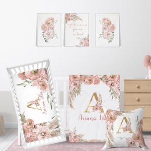 Baby Crib Bedding Set Pampas Girl Baby Blanket Blush Nursery Floral Crib Personalized Minky Blanket Custom Crib Sheet Pillow Wall Frame