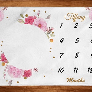 Personalized Baby Girl Floral Baby Milestone Blanket, Floral Watercolor Baby Girl Monthly Growth Blanket, Floral Velveteen Girl Name Blanket