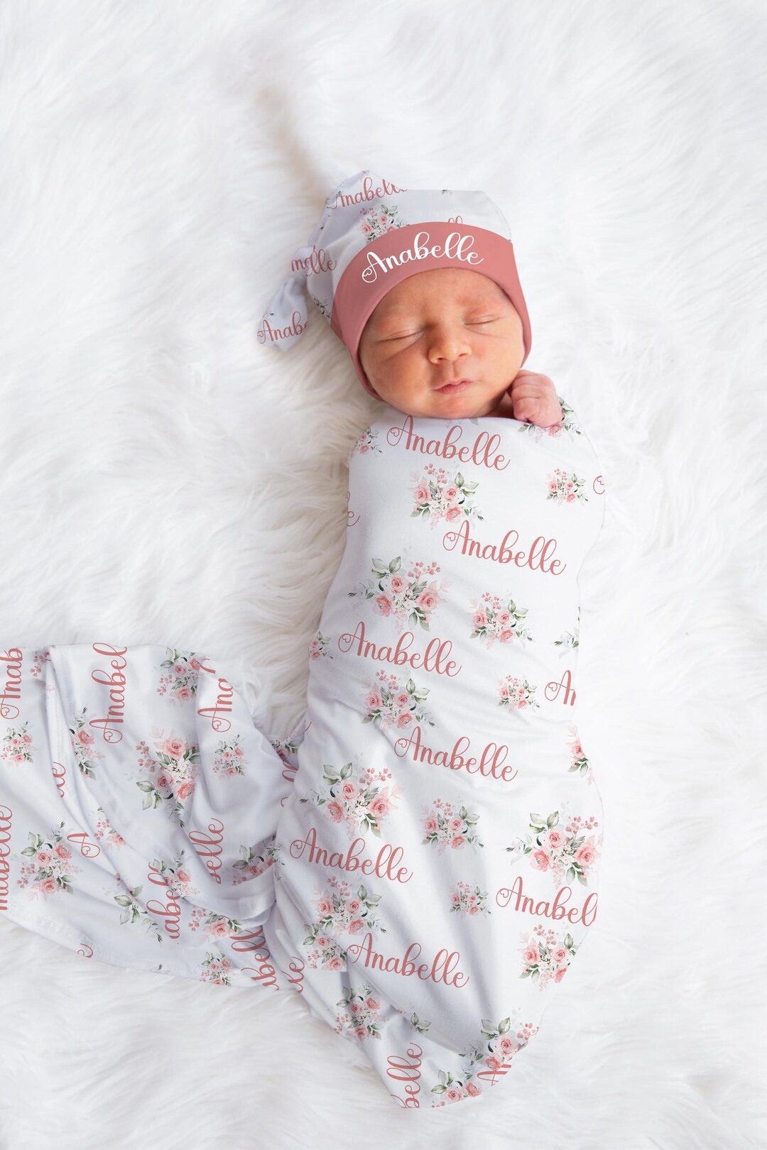 Blush Pink Floral Swaddle Baby Name Blanket, Baby Girl Swaddle Blanket