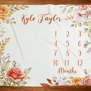 Fall Baby Milestone Blanket Girl Autuwn Flower Monthly Floral Month Custom Age Growth New Mom Baby Shower Gift Neutral Boho Minky ACM7