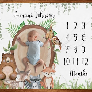Milestone Blanket Woodland Baby Name Blanket  with Marker Personalized Monthly Growth Blanket Custom Blanket Boy Baby Shower Gift New Baby