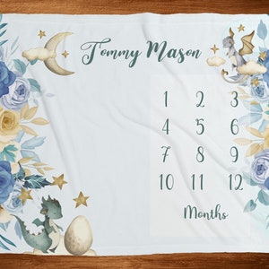 Dragon Milestone Blanket, Monthly Baby Photos Blanket, Personalized Baby Boy Blanket with Dragons, Baby Shower Gift -Baby Boy Milestone