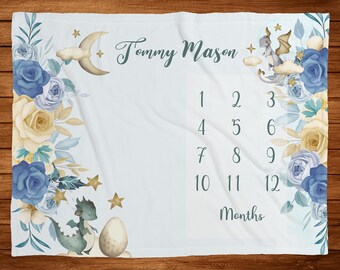 Dragon Milestone Blanket, Monthly Baby Photos Blanket, Personalized Baby Boy Blanket with Dragons, Baby Shower Gift -Baby Boy Milestone