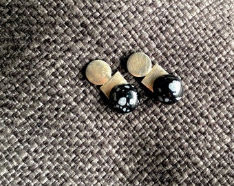 Snowflake obsidian earrings, natural gemstone jewelry, geometric earrings, contemporary studs, circle square earrings, unique bold jewelry