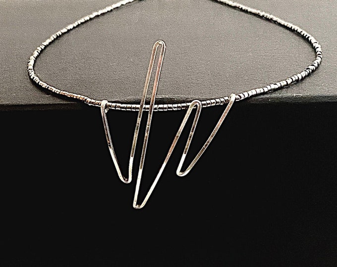 Large zig zag pendant, squiggle necklace, unique artistic pendant, square wire pendant, minimalist statement necklace, geometric necklace