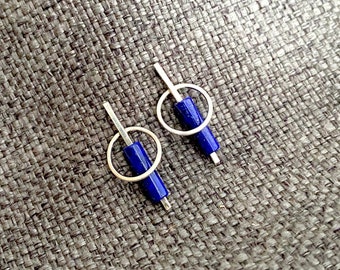 Silver circle & bar earrings with Lapis Lazuli, handmade earrings, blue gemstone statement jewelry, contemporary studs, art jewelry