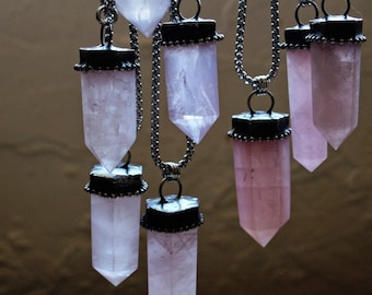 Raw Rose Quartz Crystal Tower Point Necklace Gunmetal Gunblack Plated Talisman