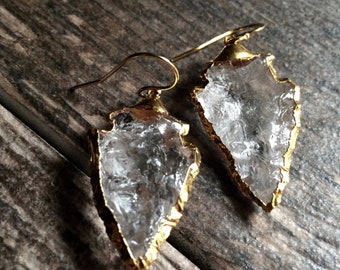 Gold Plated Raw Clear Quartz Crystals Healing Stones Arrowhead Dangle Hook Earrings