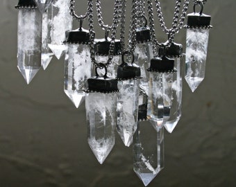 Clear Quartz Crystal Pendant Gunmetal Gunblack Plated