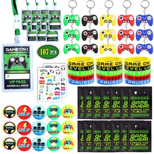 136 Pcs Video Game Party Favors for Kids - 15 set of VIP Pass Badge Keychain Wristband Button Pins Treat Bag Tattoo Game On Themed Gamer Boy