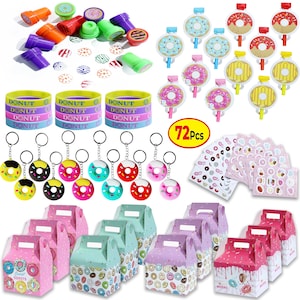 72 Pcs Donut Party Favors, 12 Sets of Treat Box Stampers Keychain Blow out Stickers Wristband for Boy Girl Sweet Doughnut Birthday Supplies