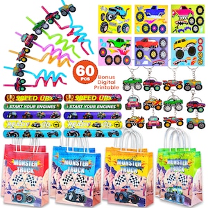 60 Pcs Monster Truck Party Favors - 12 Set of Monster Truck Treat Bag, Keychains, DIY Stickers, Wristband, Monster Truck Straw for Kids
