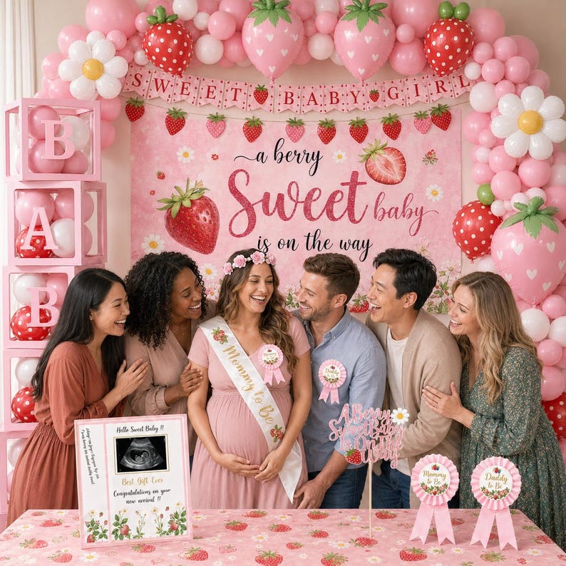 Peut inclure: Sc&egrave;ne de baby shower avec des ballons roses, des d&eacute;corations en forme de fraises et une banni&egrave;re "Sweet Baby Girl". Une personne enceinte porte une &eacute;charpe "Mommy to be". Un panneau indique "Hello Sweet Baby!" et un groupe de personnes est pr&eacute;sent.