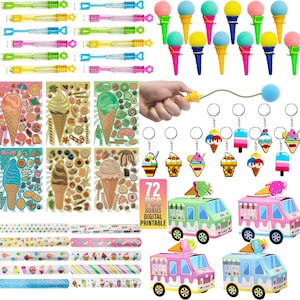 May include: Ice cream party favor set with 72 pieces of printable stickers, 6 ice cream truck favor boxes, 12 ice cream cone keychain favors, 12 bubble wands, and 12 ice cream cone poppers. The set is perfect for an ice cream themed party.