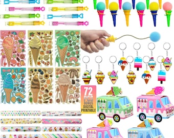 Cadeaux de fête crème glacée, boîte de 72 pièces, autocollants DIY et porte-clés