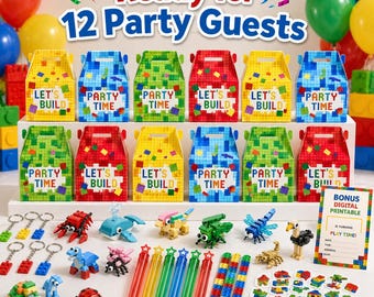 May include: A colorful party set for 12 guests, featuring boxes with "Let's Build" and "Party Time" text, along with various toy figures, keychains, and stickers. The image includes balloons and the text "Ready for 12 Party Guests".
