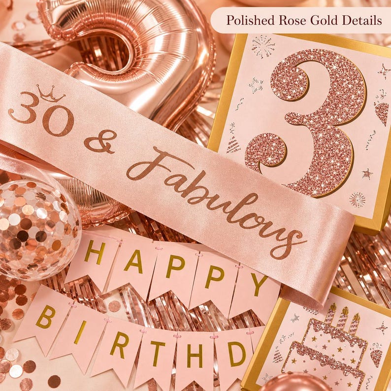 May include: Rose gold birthday decorations, including a sash that reads "30 & Fabulous", a banner that says "Happy Birthday", and a glittery number 3. The decorations are set against a backdrop of rose gold balloons and confetti.